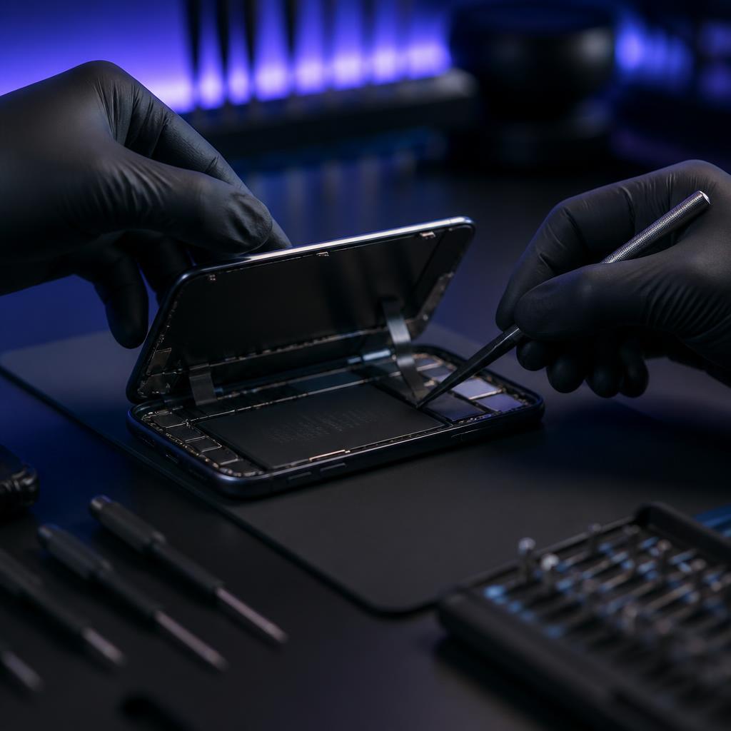 Smartphone screen repair being carried out on a precision workbench